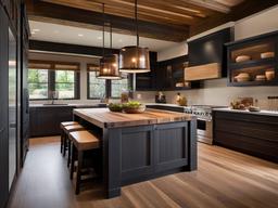 Modern Rustic kitchen combines sleek cabinetry with rustic wood accents, warm textiles, and comfortable seating for a stylish yet inviting space.  