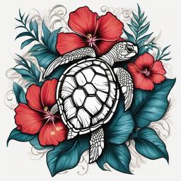 Hibiscus Turtle Tattoo - Celebrate the beauty of the sea with a hibiscus turtle tattoo, combining the allure of tropical blooms with the symbolism of sea turtles.  simple color tattoo, minimal, white background