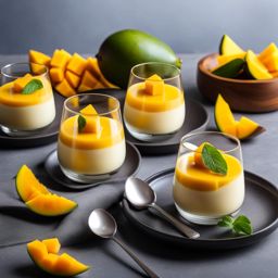 an individual serving of silky mango panna cotta, garnished with fresh mango cubes. 