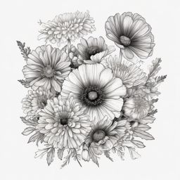 Black and white small Poppy, Daisy, chrysanthemum bouqet ,tattoo design, white background
