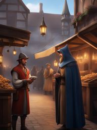 holo negotiates a trade deal with a shrewd merchant in a medieval market square. 