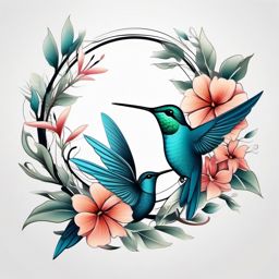 Hummingbird tattoo in tranquil surroundings.  color tattoo style, minimalist design, white background