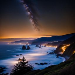 pacific coast highway, usa - capture the coastal magic of the pacific coast highway, with its rugged cliffs and ocean views under a starry night. 