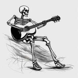 drawing of a skeleton playing guitar  minimal rough sketch scribbles,doodles,black and white