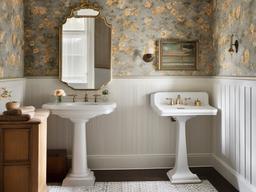 A small bathroom designed with American Colonial interior design highlights vintage wallpaper, a pedestal sink, and classic accents that elevate the space into a quaint and functional retreat.  