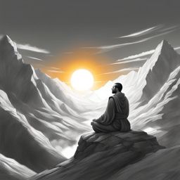 human monk,amaris stormrider,meditating atop a tranquil mountaintop,the sun rises pencil style