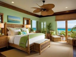 Tropical bedroom includes bamboo furniture, bright bedding, and palm accents, offering a refreshing escape reminiscent of a beach resort.  