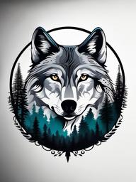 wolf tattoo with forest  simple color tattoo,white background