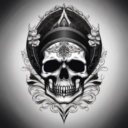 A skull's mystic gaze, a haunting mark for a tattoo.  black and white tattoo style