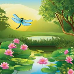 Dragonfly clipart - dragonfly and pond scene  clipart