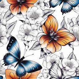 Tattoo butterfly flower, Elegant tattoos featuring butterflies alongside flowers. colors, tattoo patterns, clean white background