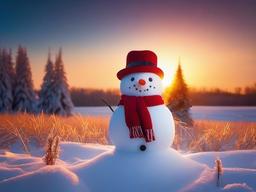 Christmas wallpaper - Snowman with a scarf and hat, standing in a snowy field at sunrise  aesthetic background wallpaper