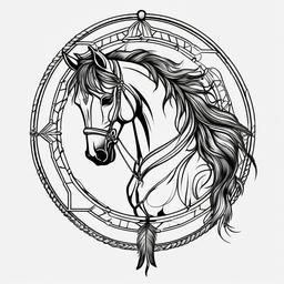 Dream Catcher with Horse Tattoo - Combine spiritual elements with equestrian symbolism in a dream catcher with horse tattoo, creating a design that symbolizes protection and dreams.  simple tattoo,minimalist,white background