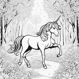 unicorn coloring pages - mischievous unicorn prancing through an enchanted forest, leaving a trail of sparkling hoofprints. 