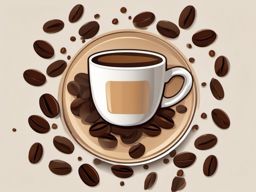 Coffee Cup with Beans Sticker - Coffee cup surrounded by scattered coffee beans, ,vector color sticker art,minimal