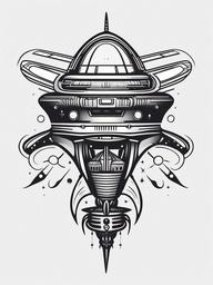 Spaceship Alien Tattoo - Symbolize cosmic travel with a spaceship and alien-themed tattoo.  simple color tattoo,vector style,white background