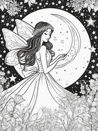 Fairy with a Moon and Stars Coloring Pages - Moonlit Fairy Among Sparkling Stars  minimal black outline printable sheet, coloring page