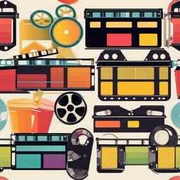 Movie clipart - clapperboard and film reels in a cinema  color,minimalist,vector clipart