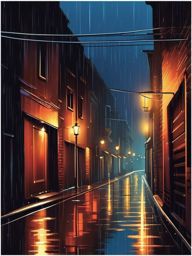 Rainy alley at night sticker- Urban solitude, , sticker vector art, minimalist design