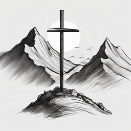 drawing of a cross on a mountain  minimal rough sketch scribbles,doodles,black and white