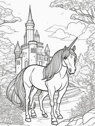 Unicorn Coloring Pages - Unicorn with a castle in the background  simple coloring pages