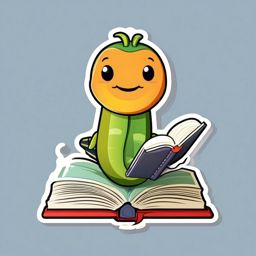 Bookworm Sticker - Happy worm reading a tiny book, ,vector color sticker art,minimal