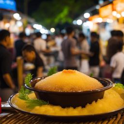 sago pudding with palm sugar, a southeast asian treat, relished at a vibrant night market in bangkok. 