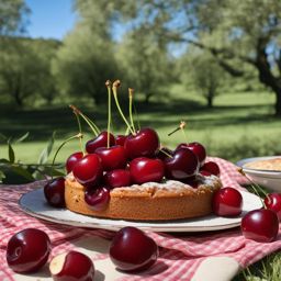 cherry almond cake with almond glaze, relished at a sunny orchard picnic. 