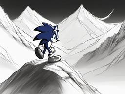 drawing of Sonic on a mountain  minimal rough sketch scribbles,doodles,black and white