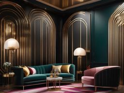 Art Deco Elegance - Incorporate the glamorous and geometric style of art deco in your living room. , living room decor ideas, multicoloured, photo realistic, hyper detail, high resolution,