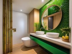 Tropical small bathroom includes bamboo accents, bright colors, and palm leaf decor that bring a refreshing feel to a compact area.  