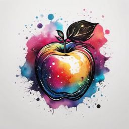 Apple with cosmic elements. Celestial fruit ink.  color tattoo minimalist white background