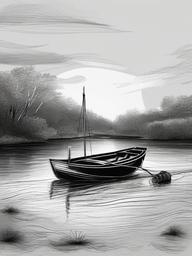 drawing of a boat on a river  minimal rough sketch scribbles,doodles,black and white