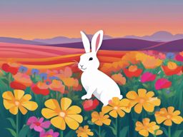 Rabbit Clipart - Rabbit hopping through a field of colorful flowers , minimal, 2d