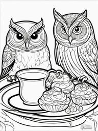 Owl Coloring Pages - Owl and its friends having a tea party  simple coloring pages