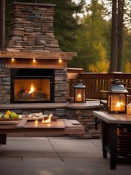 Rustic Patio Getaway - Rustic patio getaway with log furniture and a stone fireplace. realistic, professional photography, bokeh, natural lighting, canon lens, shot on dslr 64 megapixels sharp focus