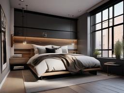 In the bedroom, urban modern interior design showcases a platform bed, neutral color palette, and industrial accents that transform the space into a stylish and serene retreat.  