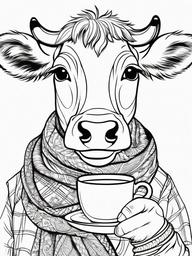 Cow Coloring Pages - Cow wearing a scarf and sipping hot chocolate  simple coloring pages