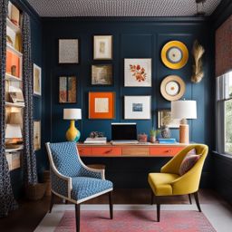 eclectic home office with a mix of patterns and colorful furnishings. 