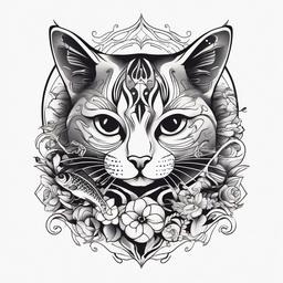 Cat Fish Tattoo - Tattoo featuring a cat with fish-themed elements.  minimal color tattoo, white background