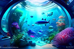 underwater wonderland office with mesmerizing underwater views and marine life. 