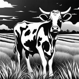 cow clipart black and white in a grassy field - showcasing charming spots. 