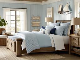 Coastal bedroom features light blue and white bedding, driftwood accents, and nautical decor that brings the soothing feel of the beach indoors.  