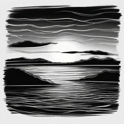 drawing of a sunset with reflections in water  minimal rough sketch scribbles,doodles,black and white