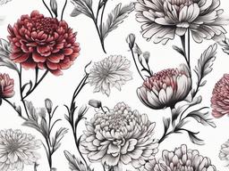 Carnation and Chrysanthemum Tattoo,Elegance and positivity combined in a floral tattoo with carnations and chrysanthemums, radiating beauty and joy.  simple color tattoo,minimal vector art,white background