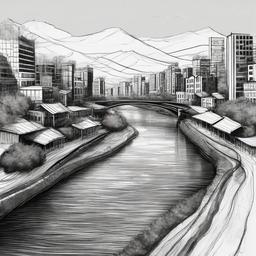 drawing of a river running through a city  minimal rough sketch scribbles,doodles,black and white