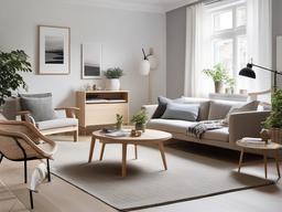 Scandinavian living room combines light wood furniture, cozy textiles, and a functional layout, providing a warm and inviting space for relaxation.  