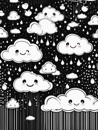 Kawaii Cloud Coloring Pages - Happy Clouds with Raindrops and Smiles  minimal black outline printable sheet, coloring page