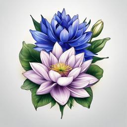 Delphinium and Water Lily Tattoo-Combining the elegance of delphinium and the purity of the water lily in a tattoo, symbolizing love, positivity, and enlightenment.  simple vector color tattoo