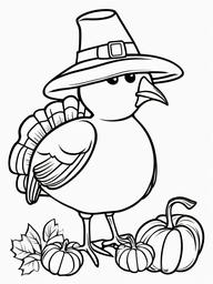 Turkey with a Pilgrim Hat and Pumpkin Coloring Pages - Ready for Thanksgiving Celebration  minimal black outline printable sheet, coloring page